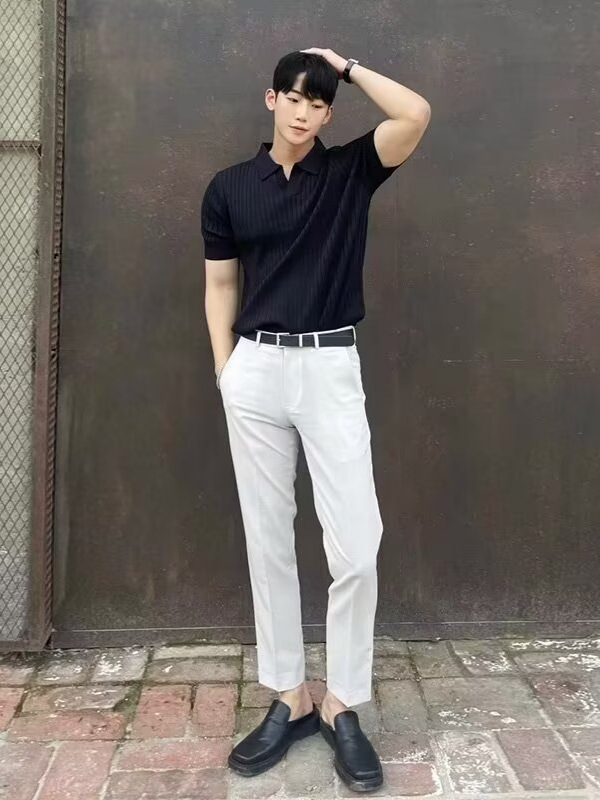 Polo Camiseta de solapa de tendencia coreana para hombres Camiseta de manga corta para hombres, estilo cocido ligero, guapo, color sólido, todo fósforo, top de punto