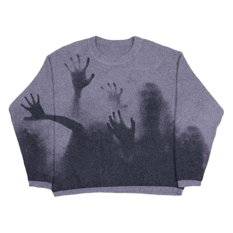 Soporte independiente de manga larga cuello redondo retro calle suelta casual pareja suéter negro impreso suéter