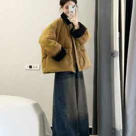 韩系休闲百搭拼接拉链长袖短款棉服女秋冬季2025新款宽松显瘦外套