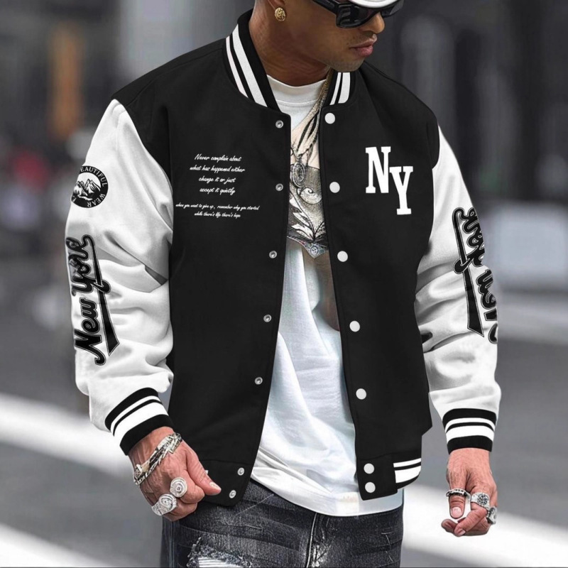Men's Letter-Print Baseball Jacket, Loose Casual Sports Long-Sleeve Varsity Jacket for Spring and Autumn
