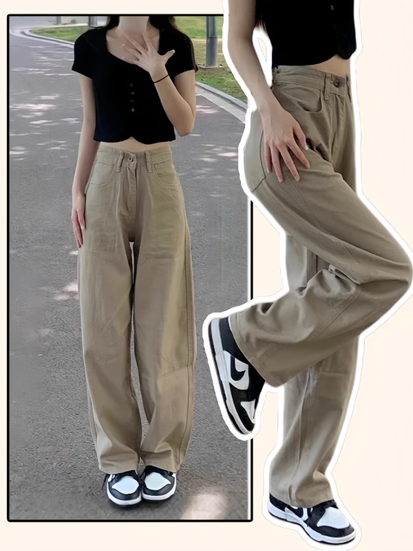 卡其色阔腿牛仔裤女夏高腰薄款显瘦宽松直筒阔腿裤女小个子垂感|undefined