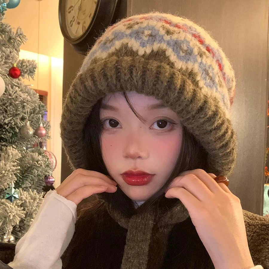 Knitted winter retro knitted hat, keep warm woolen bag