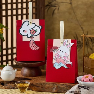 2/4 Mid-Autumn Mooncake Packaging Box Cartoon Bunny Satchel White Cardboard Bag Chinese Style Egg Yolk Cake Baking Gift Box
