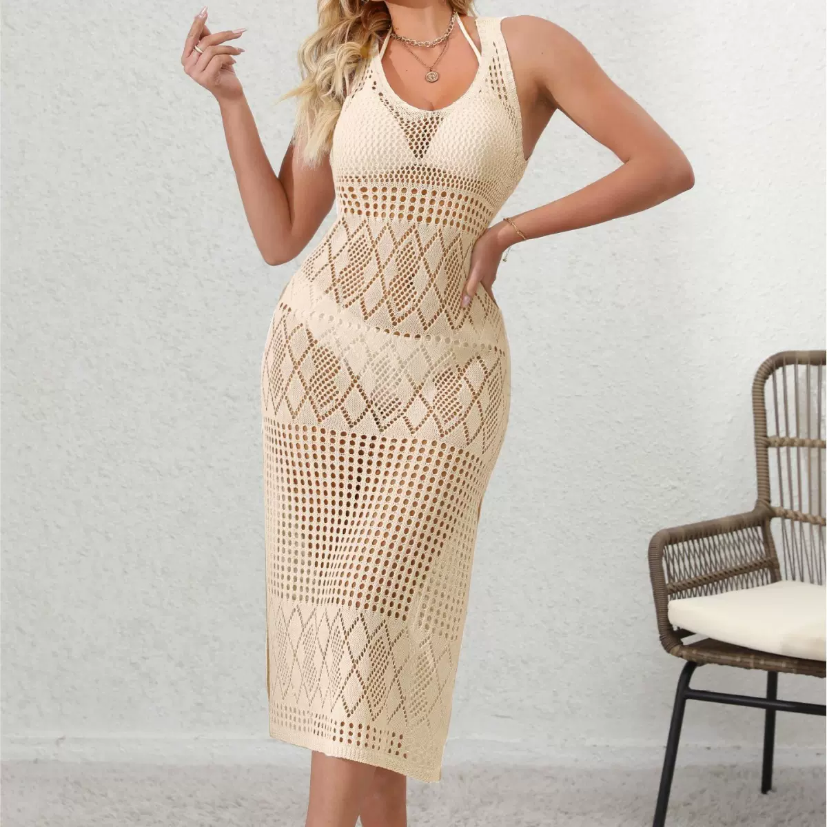 女士镂空沙滩罩衫比基尼修身优雅圆领背心长裙防晒连衣裙防晒轻薄