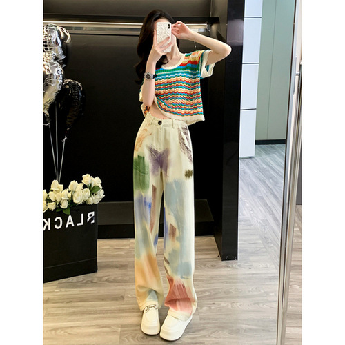 High Street Personality Colorful Graffiti High-Waist Denim Pants for Women Summer Crew Neck Striped Short-Sleeve Commute Fashion Outfit Set