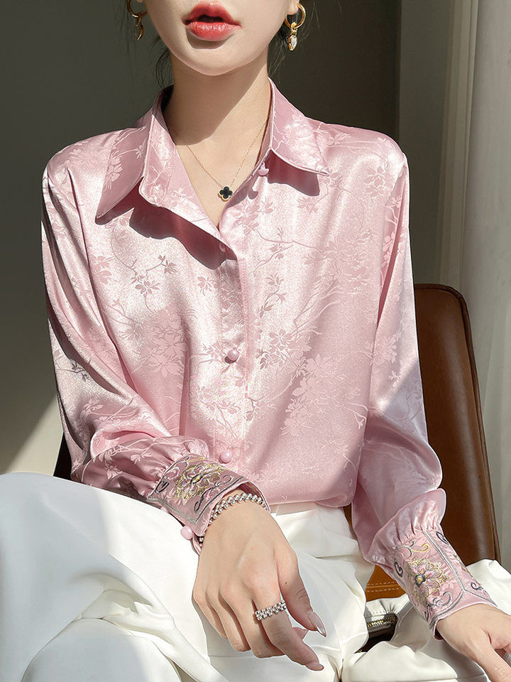 Áo sơ mi nữ dài tay cổ sơ mi thêu hoa văn jacquard chất satin cao cấp — Màu be, Màu hồng, Màu đen
