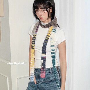 AR Saya Design Rainbow Stripe Knitted Long Scarf Retro New Style Thin Narrow Scarf South Korea Ins All-Match