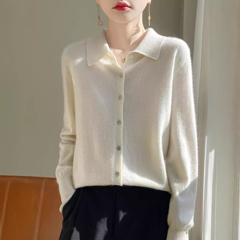 POLO Collar Cashmere Knitted Shirt Women's Cardigan Solid Color Casual All-match Simple genuine goods Pure Wool Base Shirt Jacket