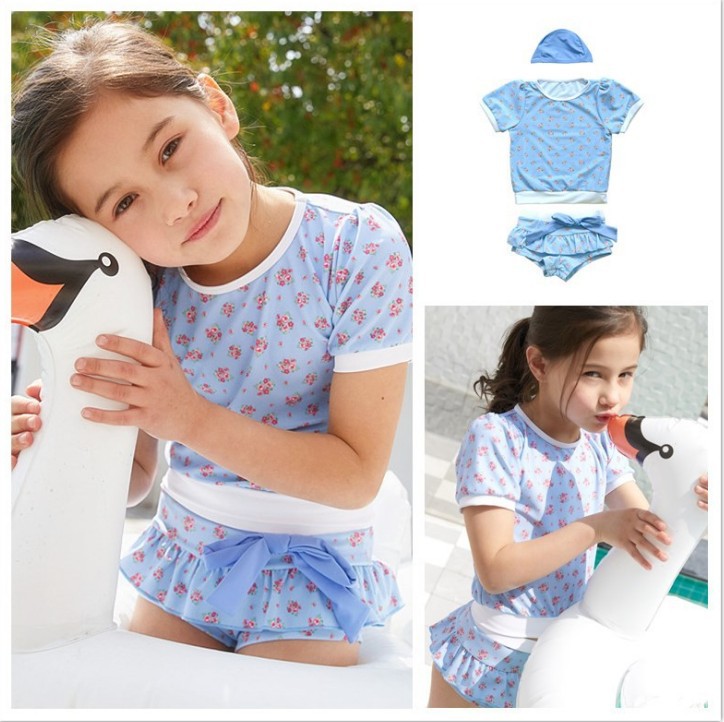 Split blue short sleeve T-shirt, floral print, with short sleeve