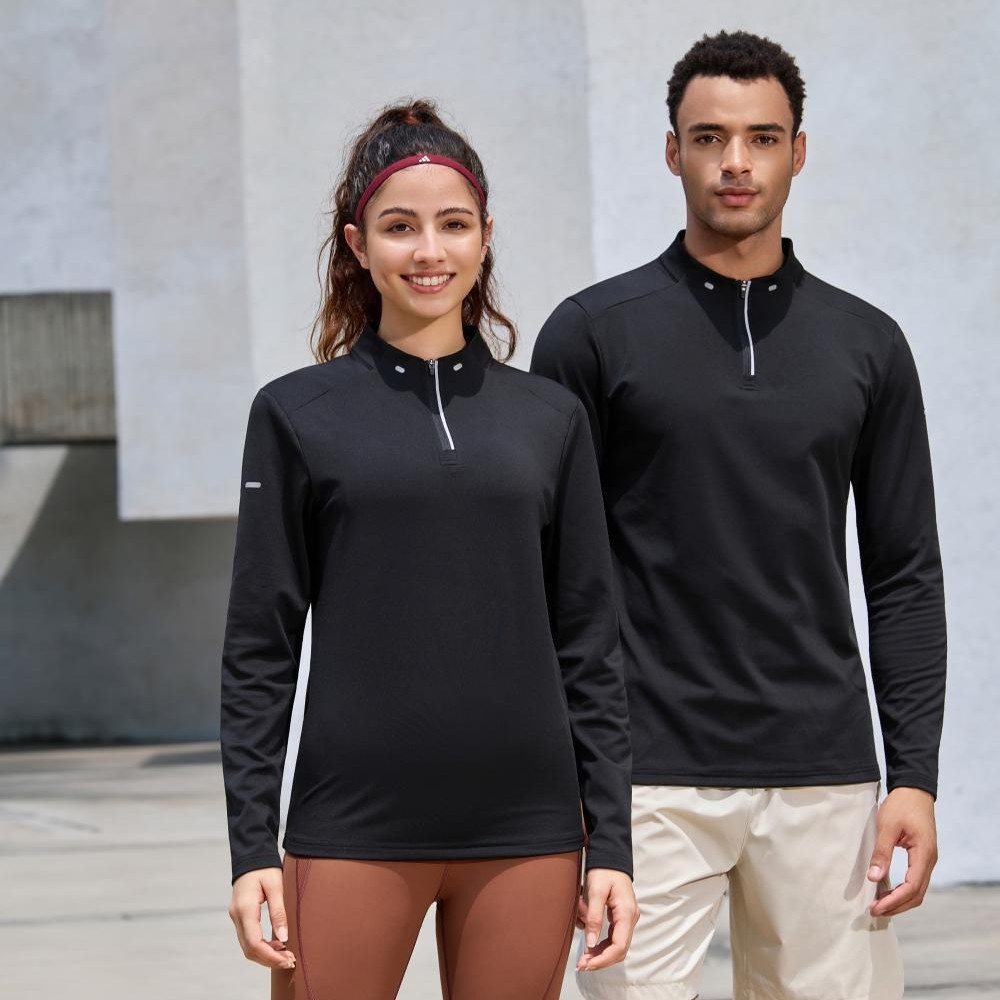 Otoño nueva camiseta deportiva de manga larga para hombres y mujeres Amazon medio cremallera correr acondicionamiento físico ropa de entrenamiento europea y americana medio pecho abierto