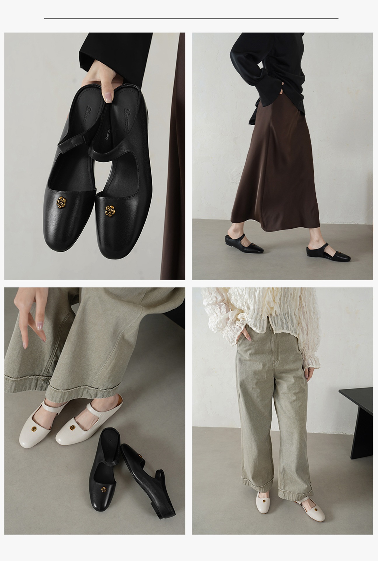 Giày mule nữ da bò mũi kín hở gót, hoa sơn trà trang trí, đế thấp dễ đi — đen chi tiết 2