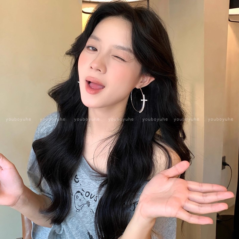 欧美夸张闪钻十字架素圈耳圈女小众设计高级感耳环显瘦大圈圈耳饰|undefined