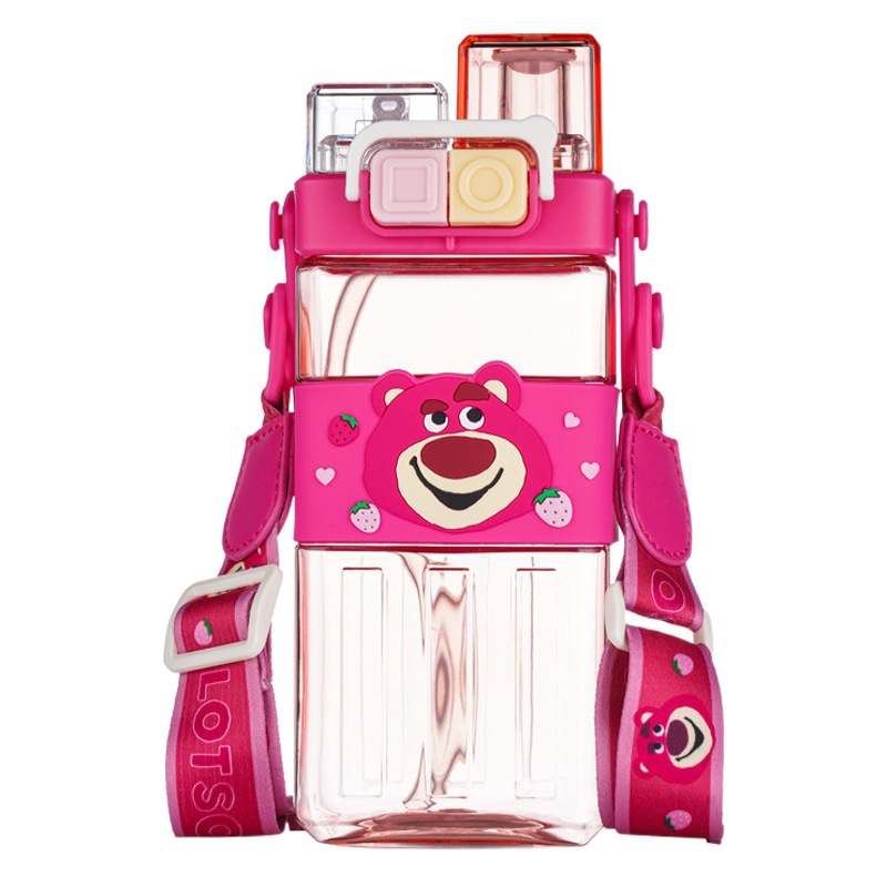 Botella de agua para niños para la escuela, material Tritan portátil, irrompible y resistente a altas temperaturas, diseño de oso de fresa.