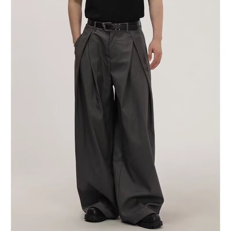 Dark Gray Double Pleated Men's Trousers Spring and Autumn Hong Kong Style Retro Men's Design Casual Pants Loose Straight Drape Trousers