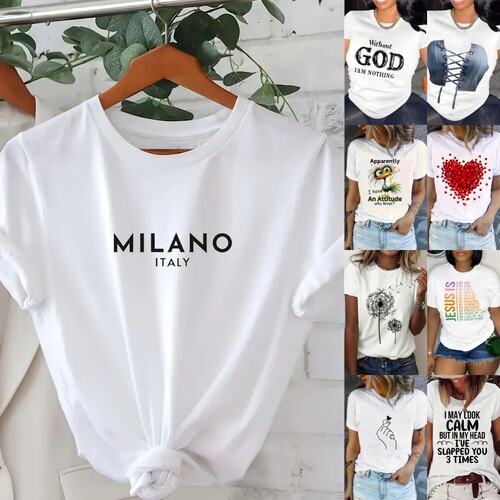 TEMU Cross-border Pre-approval Women's Short Sleeve Letter Crew Neck Top for Amazon AliExpress and Shopee