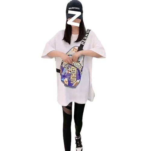 Summer Fashion New Crossbody Bag Pocket Zip Short Sleeve Women's T-shirt 2024 Korean Style Casual Crew Neck Print Top