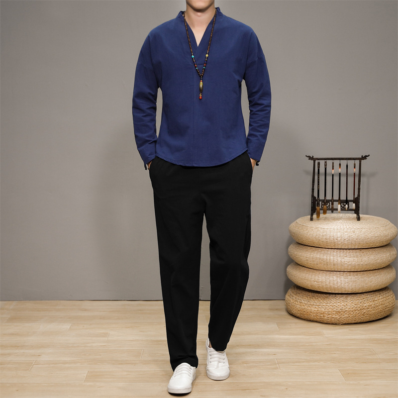 --Spring and Autumn Chinese Style Cotton and Linen Long Sleeve Shirt and Trousers Suit Tang Suit Han Dynasty Chinese Style Men-Blue
