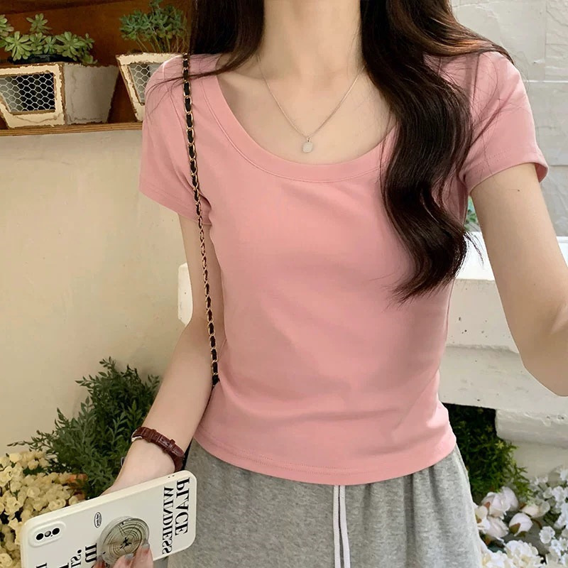 Pure Cotton Thread Solid Color Short-sleeved T-shirt Women's Summer Low Round Neck Slim-fit Shoulder Slim-fit Clavicle Top New Style INS