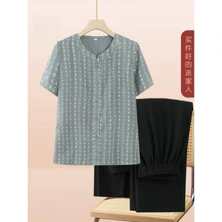 老年人夏季女装短袖新款奶奶套装上衣80老人宽松两件套妈妈装衬衫