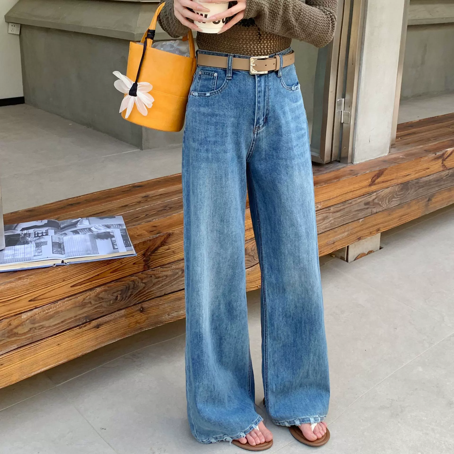 26年春夏新款复古浅蓝色拖地裤配皮带款牛仔裤女阔腿直筒裤22794