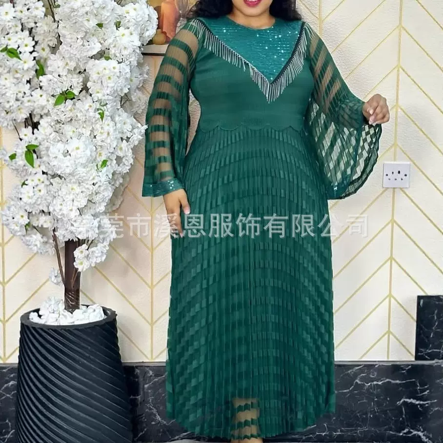 Miyaki三宅褶皱纯色圆领喇叭袖立体花蕾丝纱网连衣裙大码女装跨境