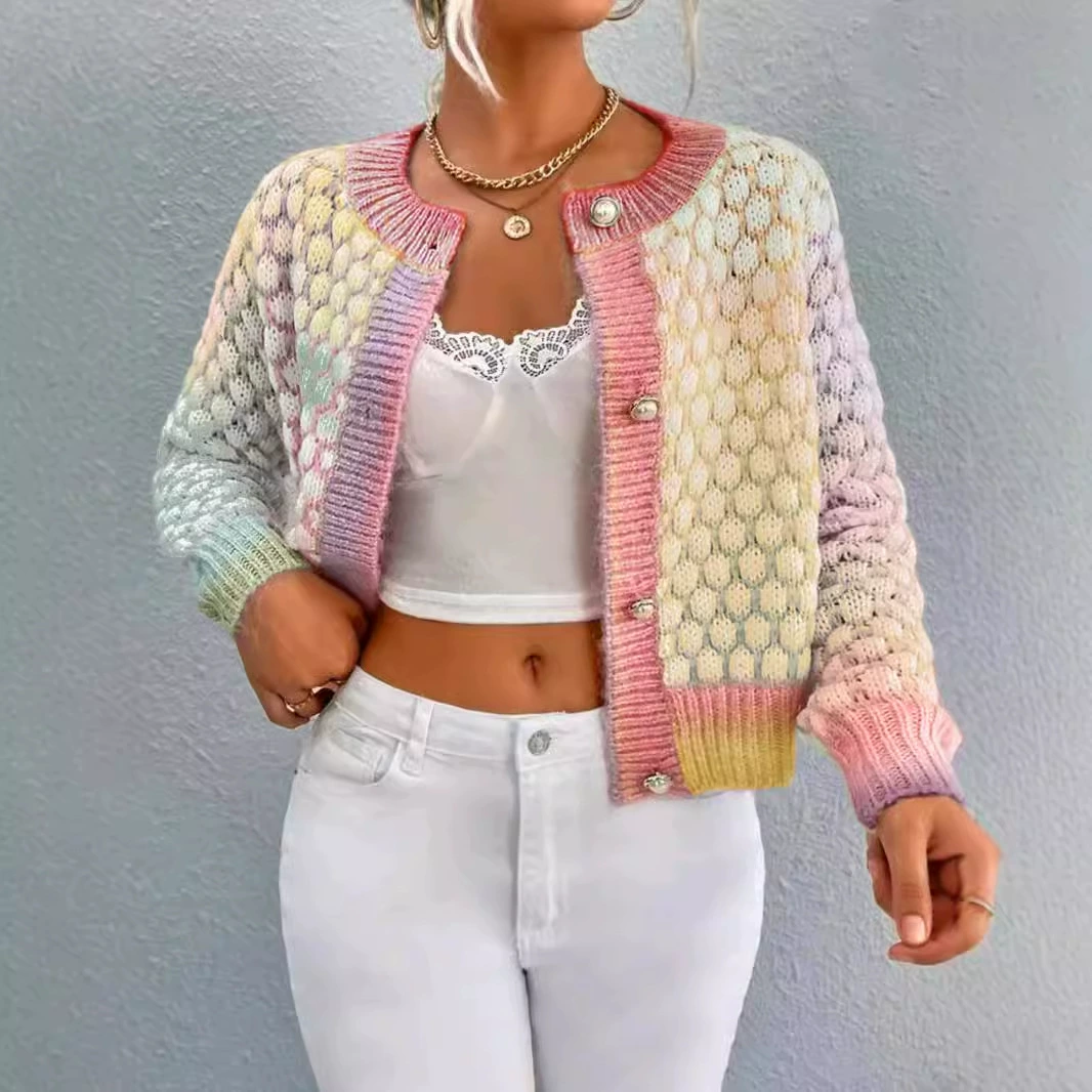 Внешняя торговля Трансграничная Европа, Европа и Амазонка производители кардиганы Радуга Жаккард Короткий вязаный свитер весна, осень и зима