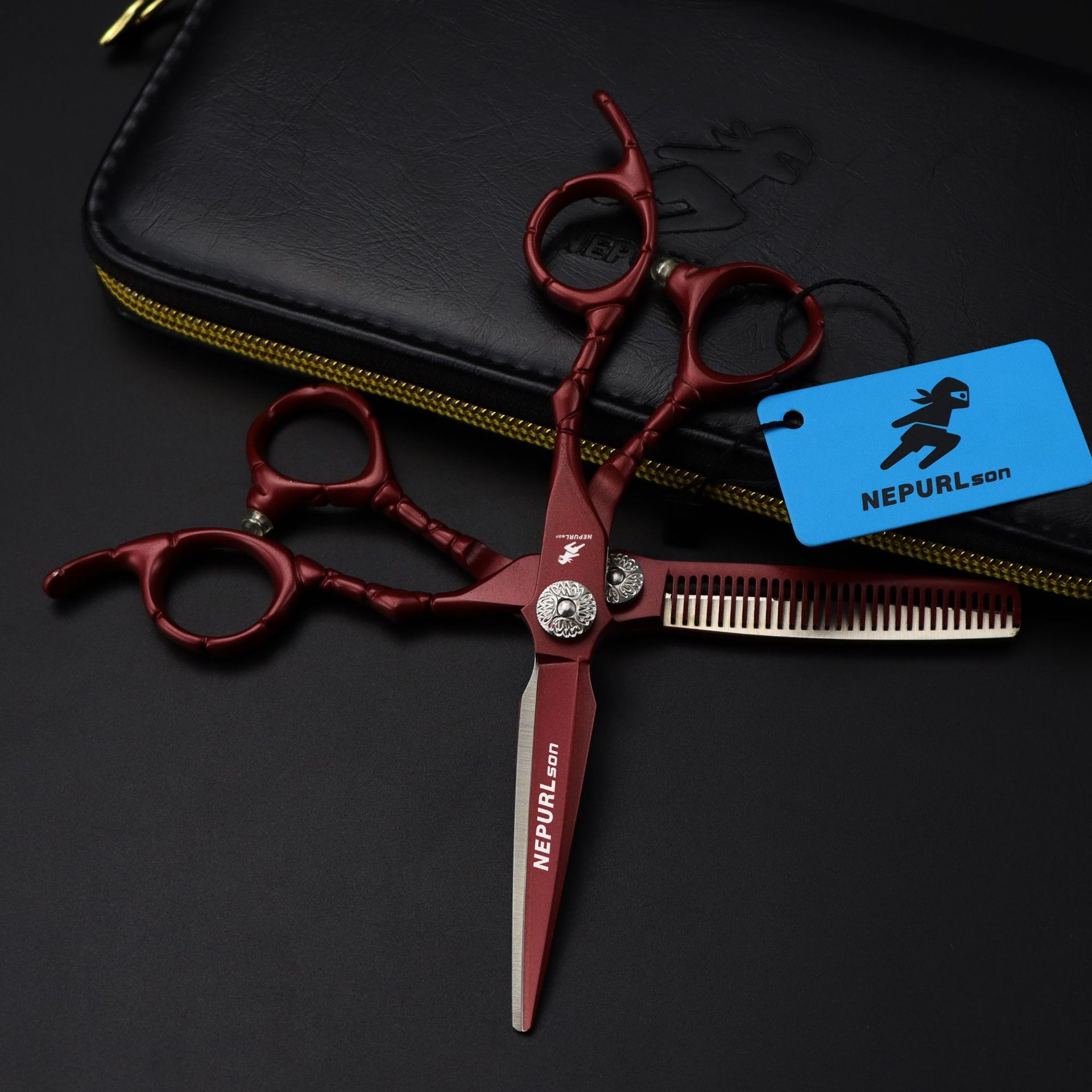 6.0inch Napson Red Crocodile Pattern Hairdressing Straight Scissors, Thinning Scissors Q-0405_voghion.com