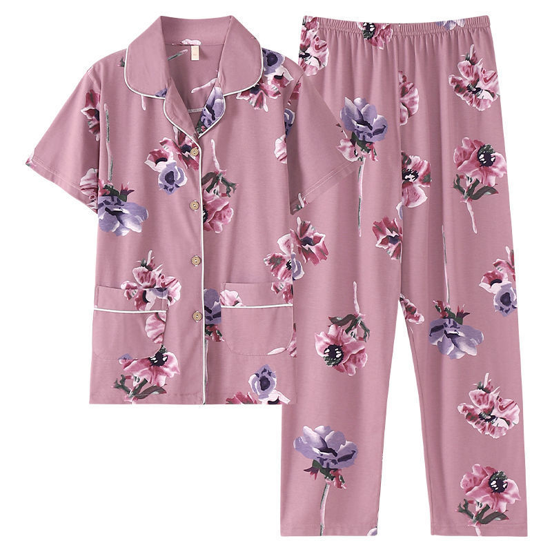 Pijama de algodón para mujer Pantalones de manga corta de verano más traje de chaqueta de mediana edad y madres de edad avanzada