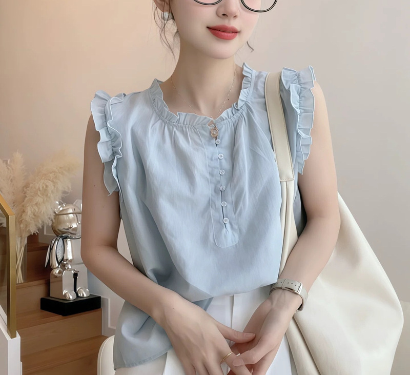 韓国風耳介小飛袖ショートシャツ女性用2025新作小柄で優しく甘いシングルトップ|undefined