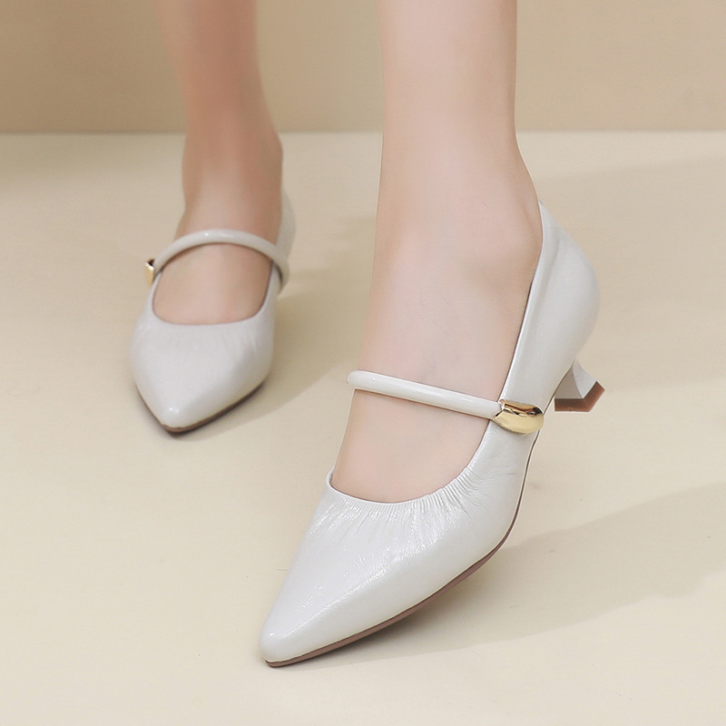 Women's first-layer cowhide stiletto shoes, 26 spring new model, pointed toe, mid-heel, fashionable Mary Jane genuine leather fashion shoes, all-season shoes Women's first-layer cowhide stiletto shoes, 26 spring new model, pointed toe, mid-heel, fashionable Mary Jane genuine leather fashion shoes, all-season shoes