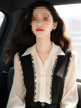 春秋漂亮小衫韩系别致气质感超好看黑色拼色雪纺衬衫