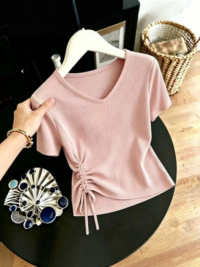 Áo thun nữ tay ngắn dây rút bất đối xứng phong cách Hàn Quốc form rộng — tím hoa cà