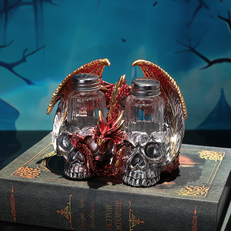 Halloween Skull Dragon Seasoning Bottle Ornaments Skull Head Pepper Salt Pot Resin Crafts Horror Seasoning Pot Decorations
