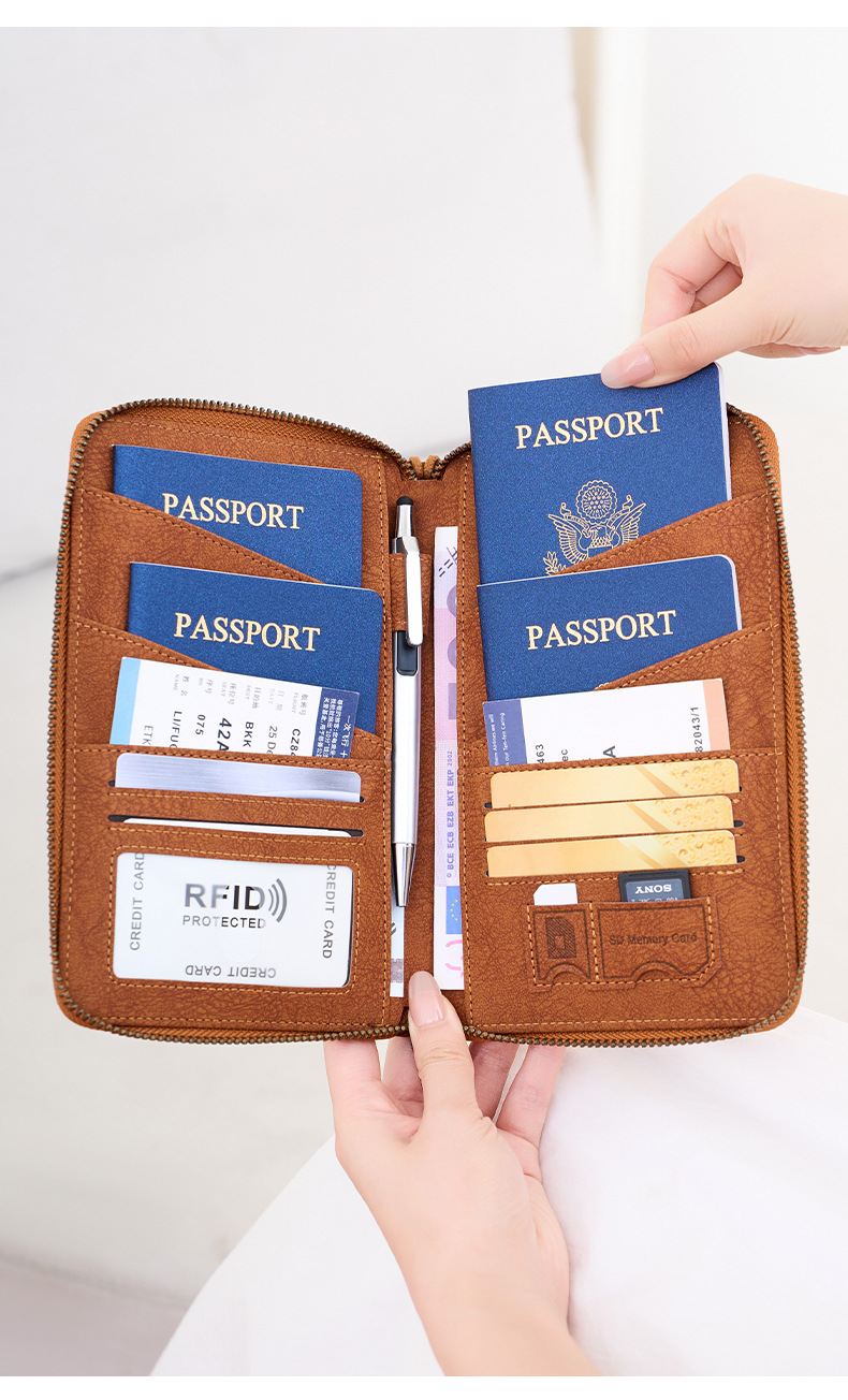 Cross-border new RFID anti-magnetic passport bag long zipper passport holder multifunctional travel ticket storage document bag