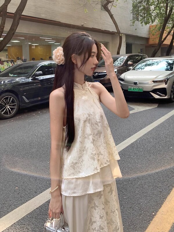 新中式国风旗袍清冷感禅意穿搭一整套挂脖上衣半身裙子套装女夏季|undefined