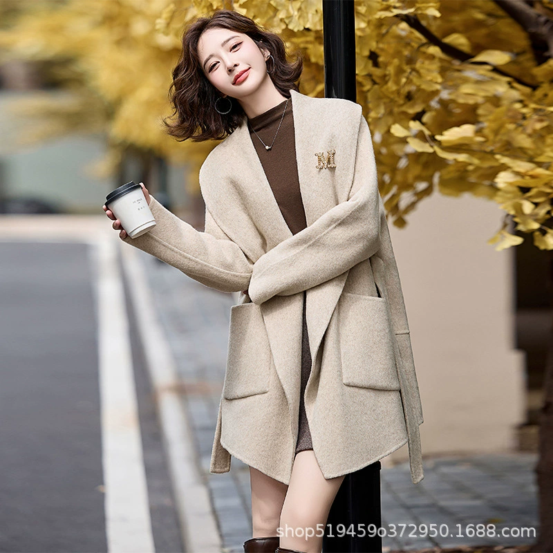 Wool double‑faced coat women, reversible spring woolen jacket, shawl collar and patch pockets, S–M
