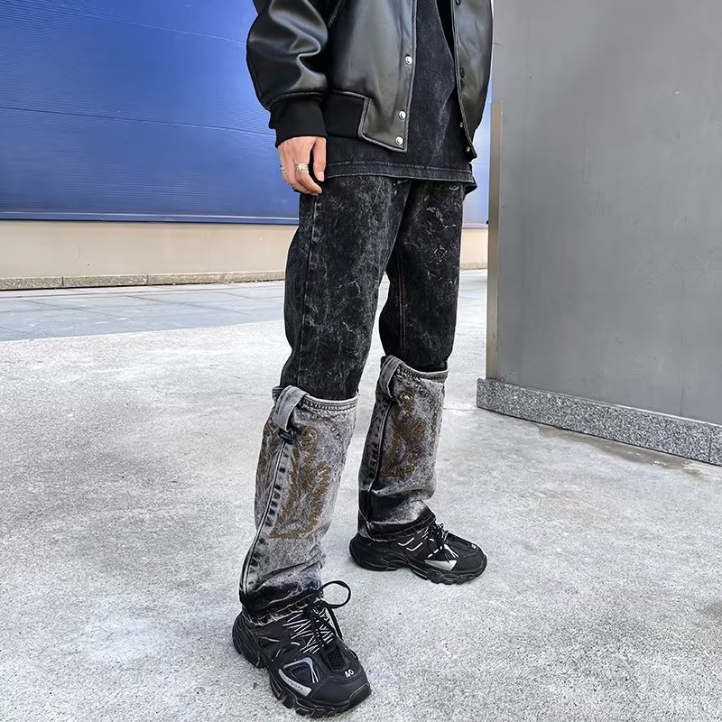 Men's and womenCross-border washed jeans for in spring and autumn American retro raw edge design loose straight wide-leg floor mopping pants_viptrois.com
