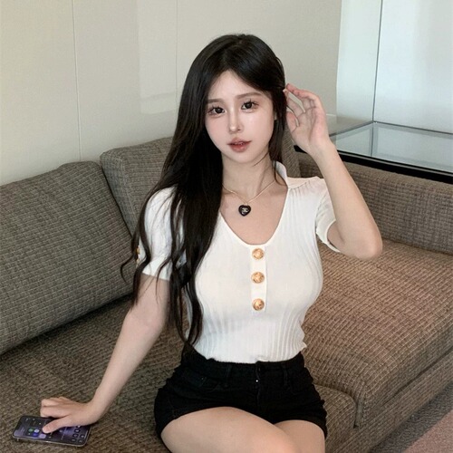 French pure desire style niche slim straight shoulder short-sleeved T-shirt summer short hot girl sexy temperament knitted top for women