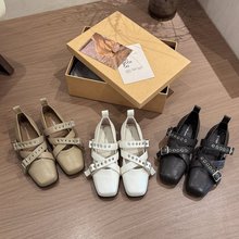 法式交叉扣带玛丽珍鞋女秋季新款平软底方头复古芭蕾舞浅口单鞋子