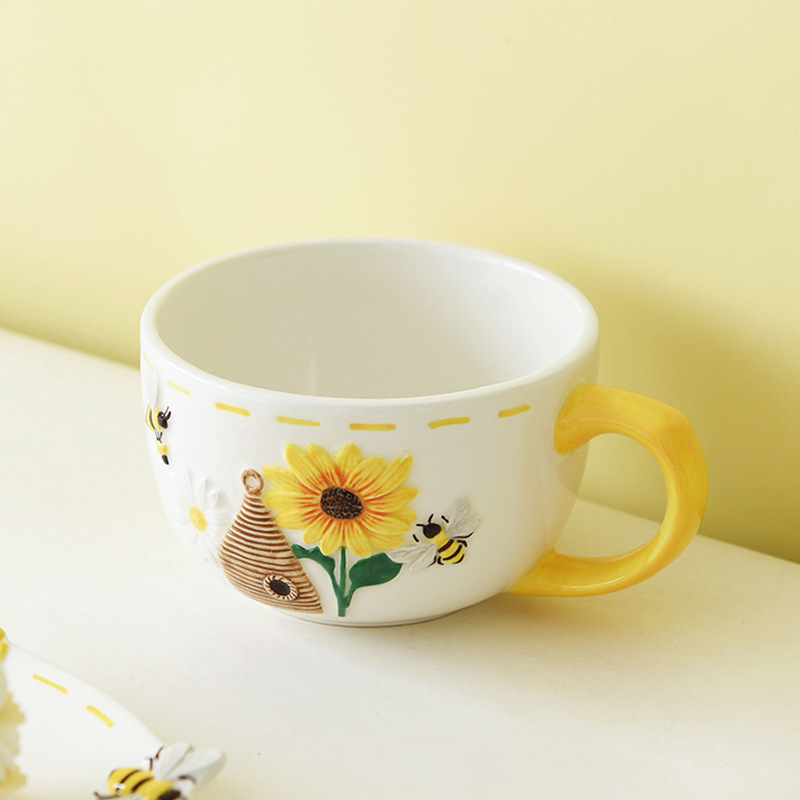 Primavera abejas girasol elfo taza de desayuno taza de cerámica taza de agua en relieve taza linda