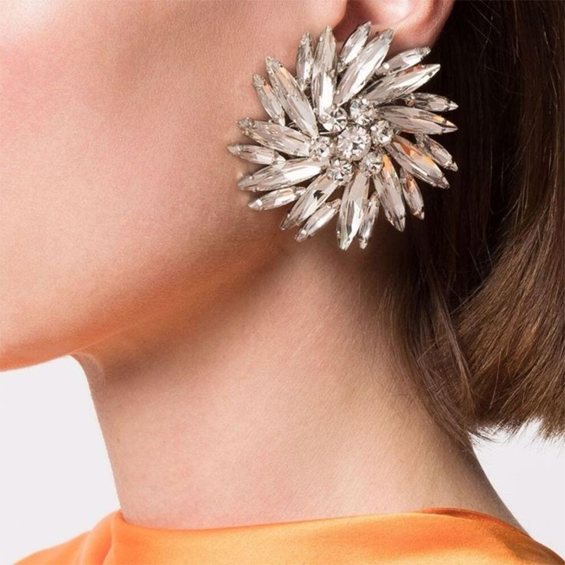 跨境熱銷水鑽耳夾 歐美個性誇張幾何圓形滿鑽耳環氣質配飾earring