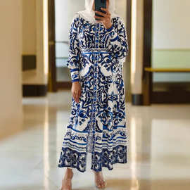 亚马逊2024欧美女装春夏新款跨境女士时尚印花波西米亚中长连衣裙