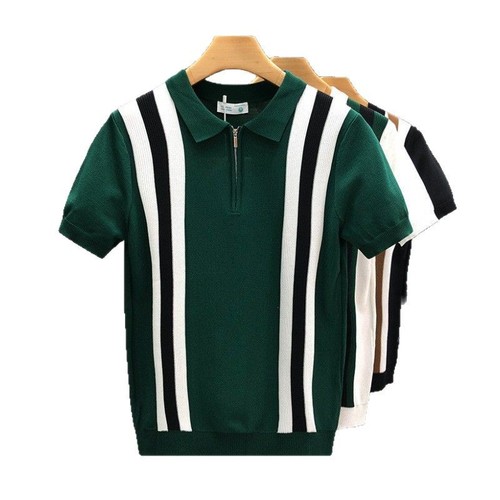 Summer Men's New Color-block Striped Knit Polo Shirt Cross-border American Gentleman Collar Short-sleeve Knit T-shirt