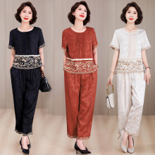 2025夏季新款中年妈妈装衬衫绣花纯色提花高端人丝套装