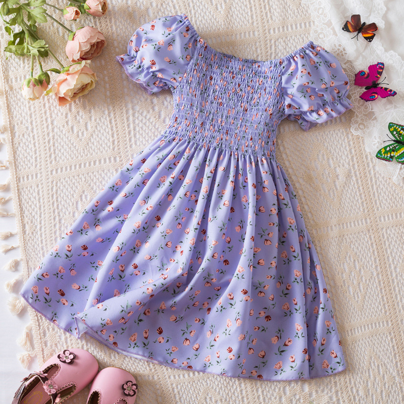 2025 Spring and Summer New Girls' dress Korean Style Puff Sleeve Princess Dress Girls' Holiday Short Sleeve Floral Dress
