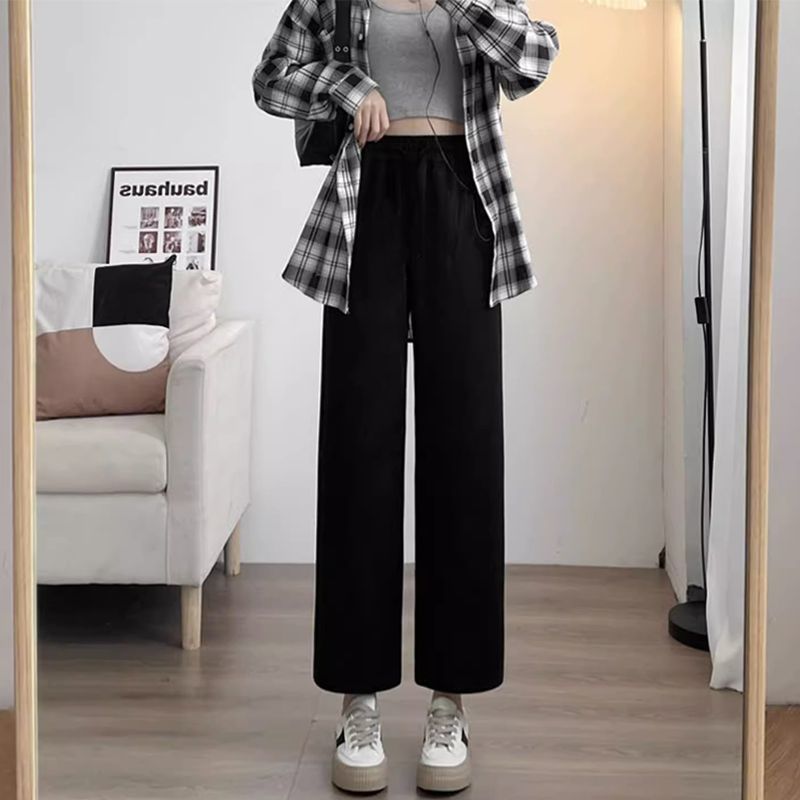 加绒加厚阔腿裤女小个子秋冬保暖垂感高腰黑色窄版直筒休闲长裤子|undefined