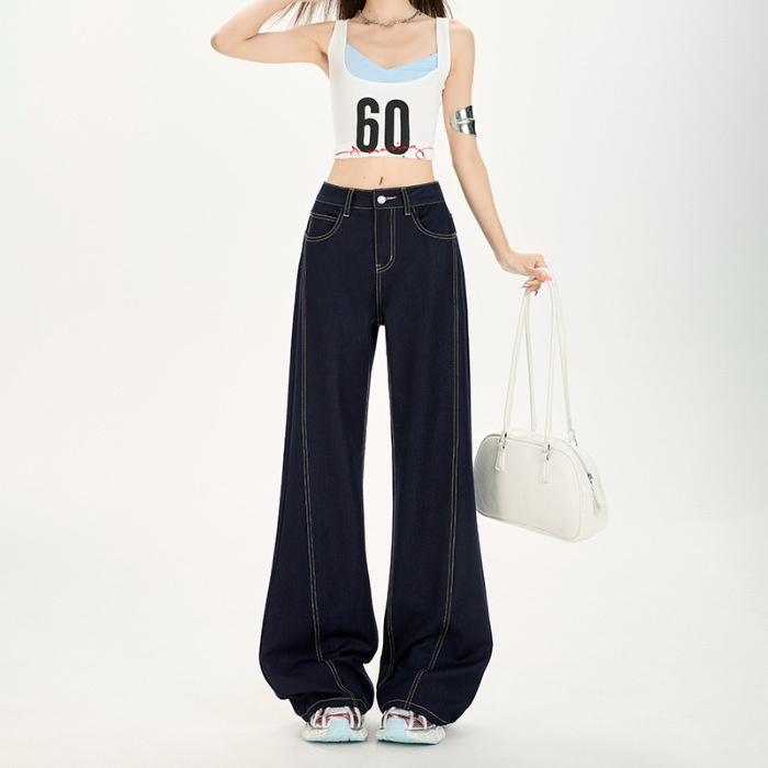 レトロなオリジナルの牛革の女性用夏用の小さなハイウエストのジーンズ、脚にフィットしない、ゆったりとしたワイドレッグのドレープフレアパンツ|undefined