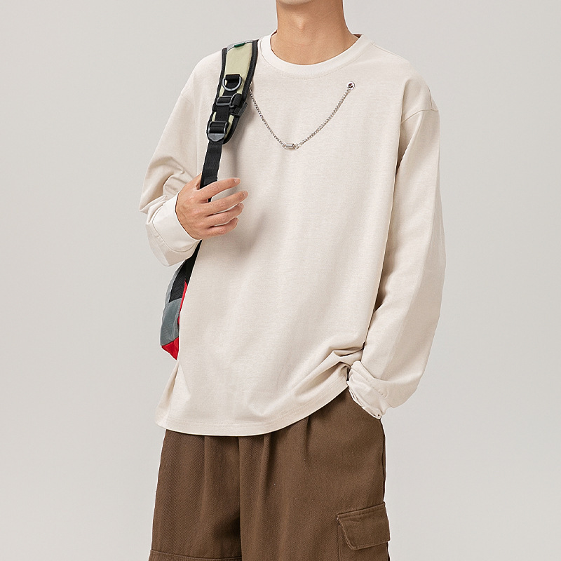 2024 Autumn Cotton Long Sleeve Cotton Inner T-shirt Men's Sweater Spring and Autumn Clothes Solid Color Round Neck Base Shirt