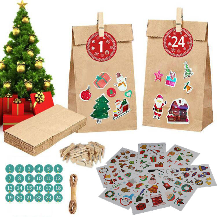 2022新款24个圣诞牛皮纸袋降临日历袋套装DIY标签数字贴纸礼品袋