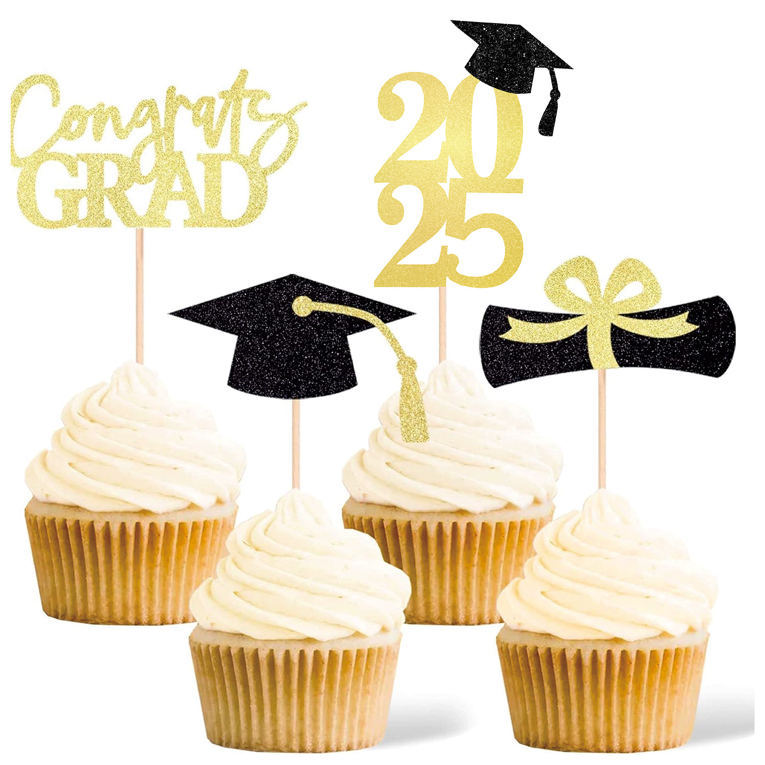 2025 Graduation Cupcakes Adornos de tarjetas Destacados Sombrero de copa Suministros de fiesta Tarjeta de papel flash de alta calidad Transfronterizo